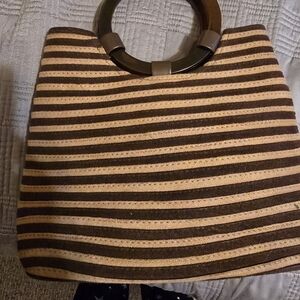Striped Tan and Brown Handbag with Round Handles